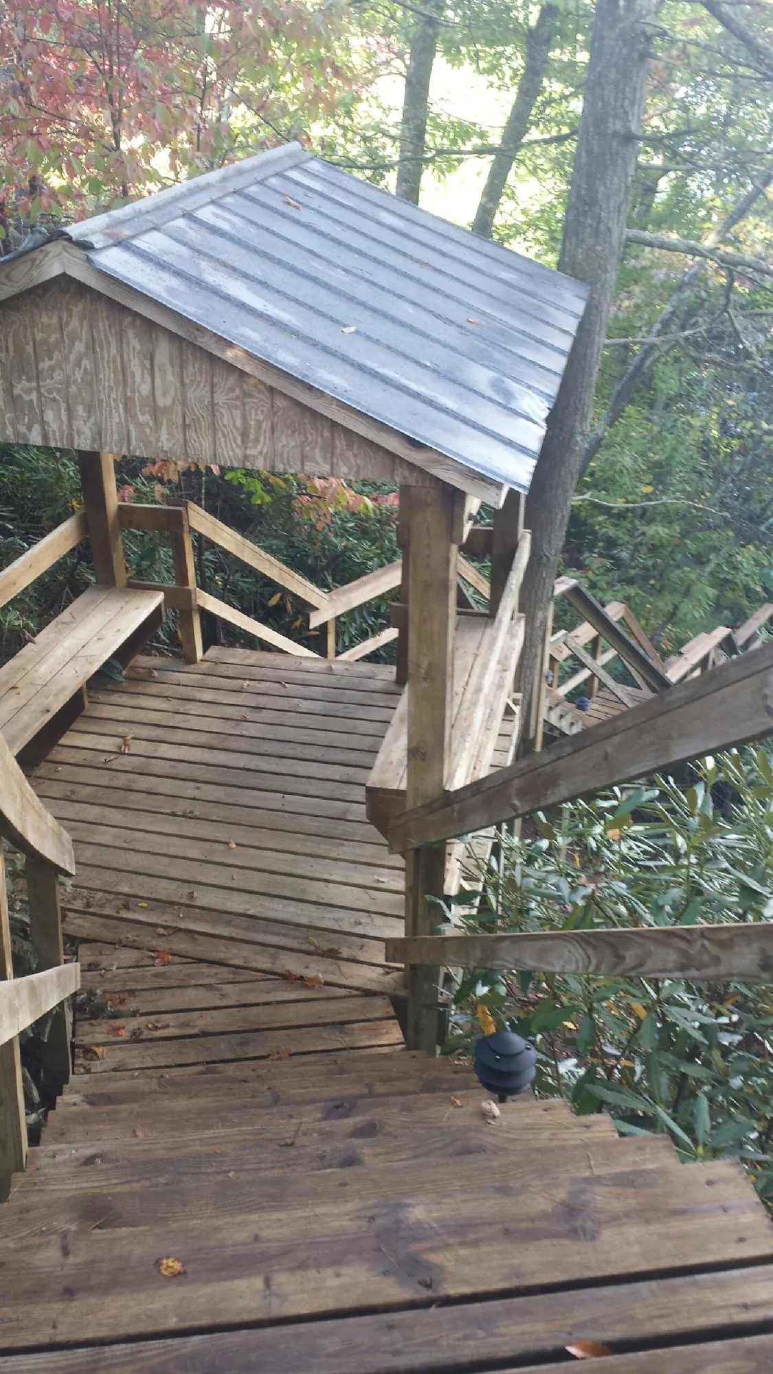 Metal roofed shelter over wooden steps on a wooded walkway — Skylight Repair & Installation work by our crew in College Grove